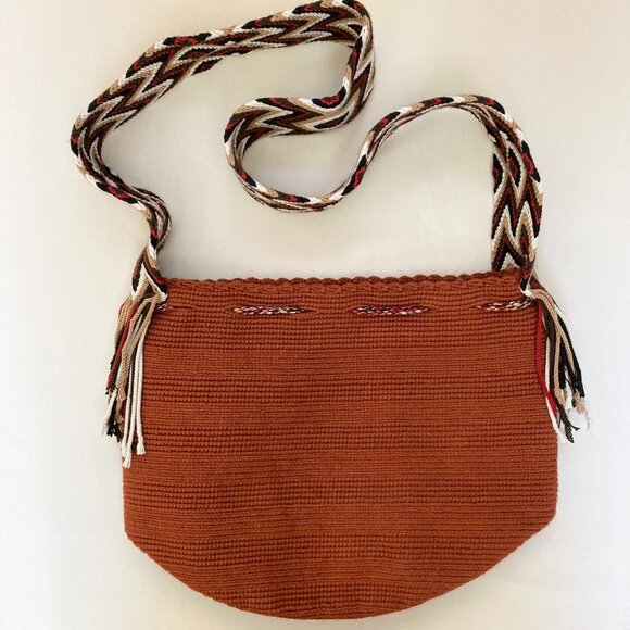 Handcrafted Woven Crossbody Tote Bag In Rust W/Multi-Colored Tassels | Unisex - Picture 5 of 12